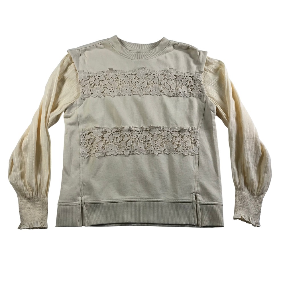 Anthropologie Cream Lace Mixed Media Sweatshirt Puff Sleeve Smocked Cuff Small